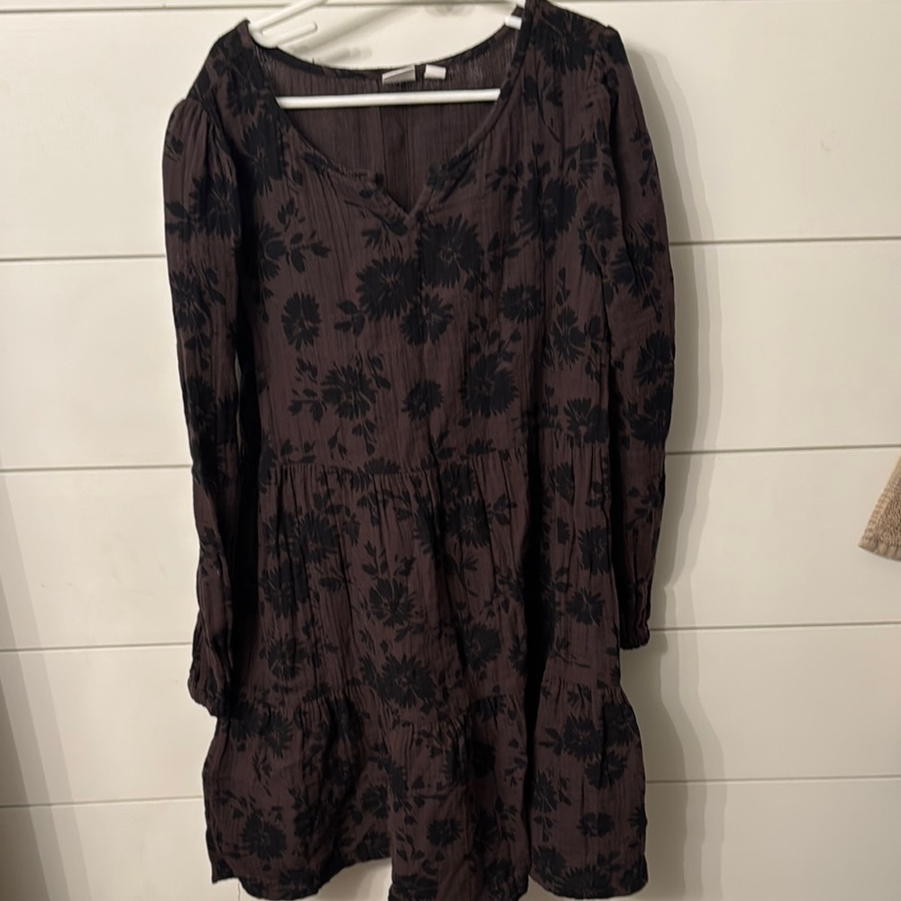 Brown Casual V-Neck Sundress with Bishop Sleeves